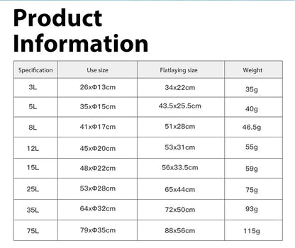 Tableau des dimensions et poids par taille : de 35 g pour le 3L à 115 g pour le 75L