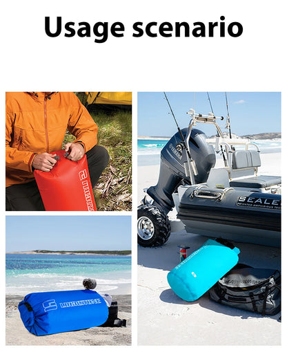 Collage de scènes d'usage : fermeture du sac au camp, sac à la plage, sortie en bateau