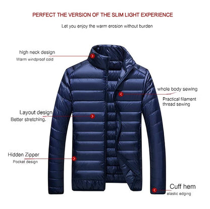 Doudoune bleu marine annotée : col montant, couture pleine longueur, zip dissimulé, poignet élastiqué