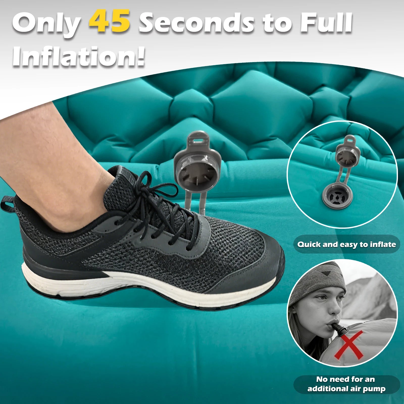 'Only 45 Seconds to Full Inflation' — gonflage au pied illétustrant la rapidité, croix rouge sur le gonflage à la bouche