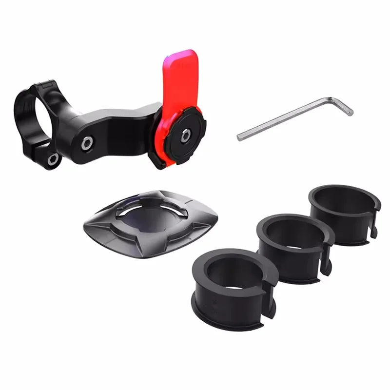 Variante Red — contenu du kit : support guidon noir avec clip rouge, bague d'adaptation, 3 anneaux réducteurs et clé Allen