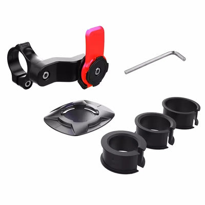 Variante Red — contenu du kit : support guidon noir avec clip rouge, bague d'adaptation, 3 anneaux réducteurs et clé Allen