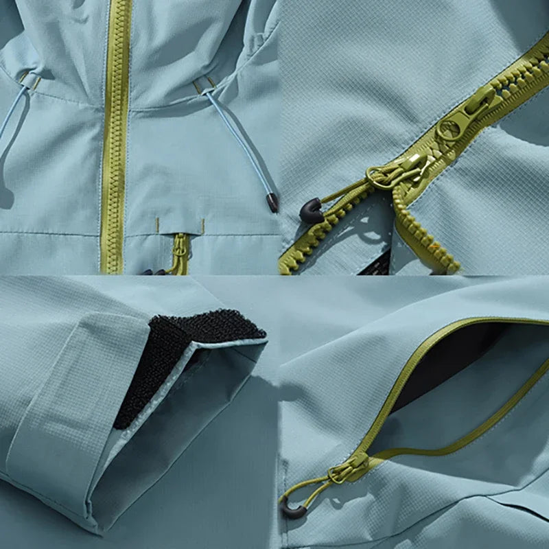 4 zooms construction veste Light Green : zip principal fermé, poche poitrine ouverte, manchette velcro ajustable, zip poche latérale