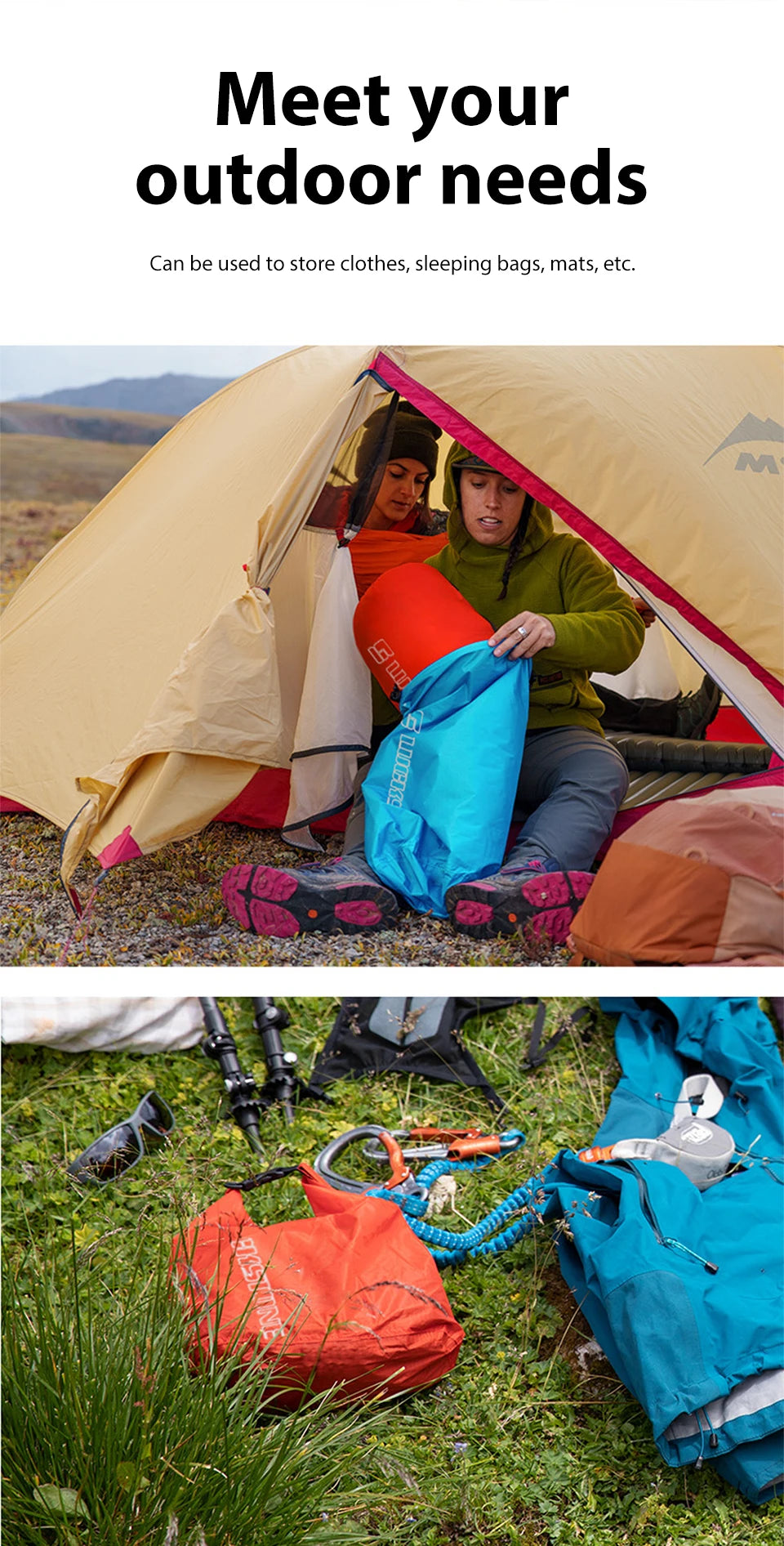 Scènes d'utilisation outdoor : camping sous tente et activités nautiques avec le sac étanche