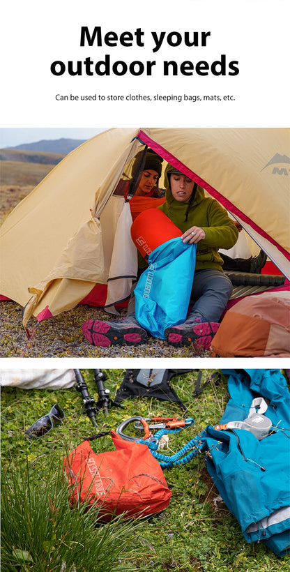 Scènes d'utilisation outdoor : camping sous tente et activités nautiques avec le sac étanche