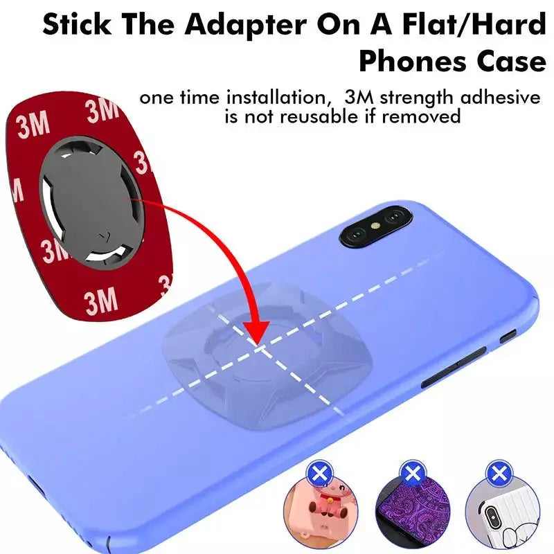 Pose de la plaque adhésive 3M sur la coque du téléphone — installation unique, surfaces incompatibles indiquées (silicone, tissu, fissures)