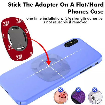 Pose de la plaque adhésive 3M sur la coque du téléphone — installation unique, surfaces incompatibles indiquées (silicone, tissu, fissures)