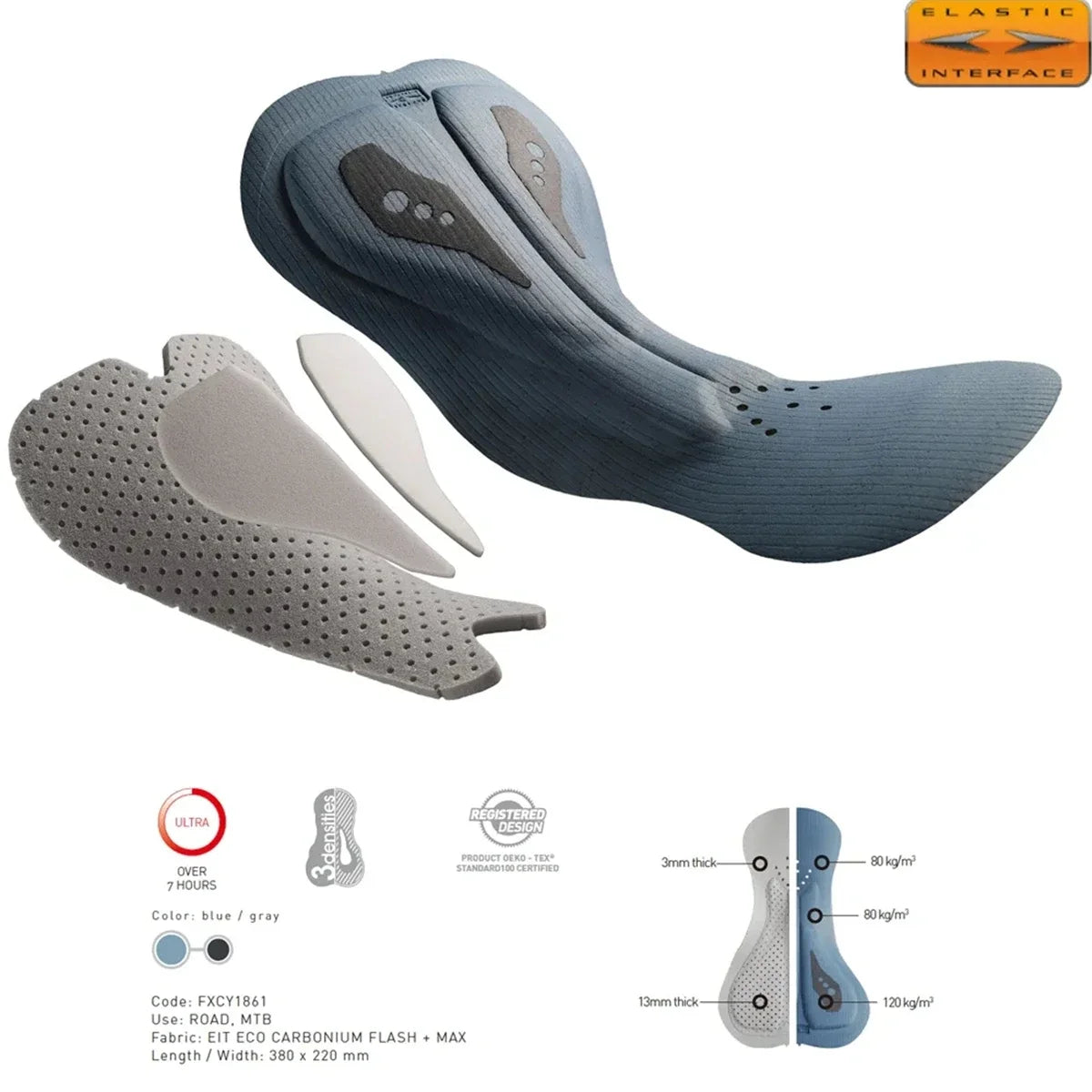 Fiche technique pad Elastic Interface FXCY1861 — Ultra Over 7H, Road/MTB, tissu EIT ECO CARBONIUM FLASH+MAX, 380×220mm, 3 densités, certifié OEKO-TEX Standard 100