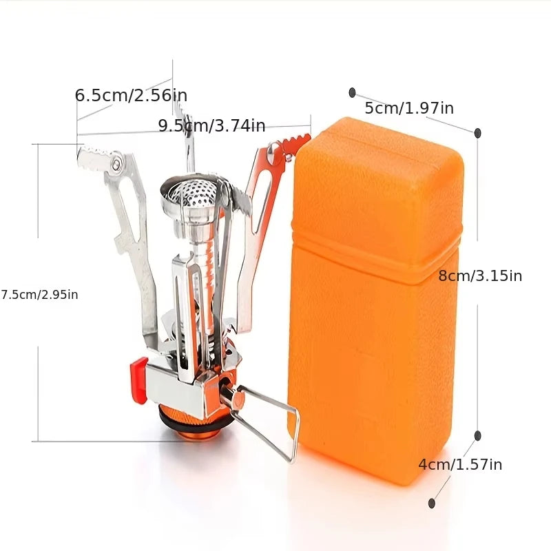 Dimensions cotées du réchaud (6,5 cm larg. × 7,5 cm haut) et du boîtier orange (5 cm × 8 cm × 4 cm)