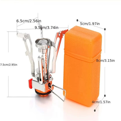 Dimensions cotées du réchaud (6,5 cm larg. × 7,5 cm haut) et du boîtier orange (5 cm × 8 cm × 4 cm)