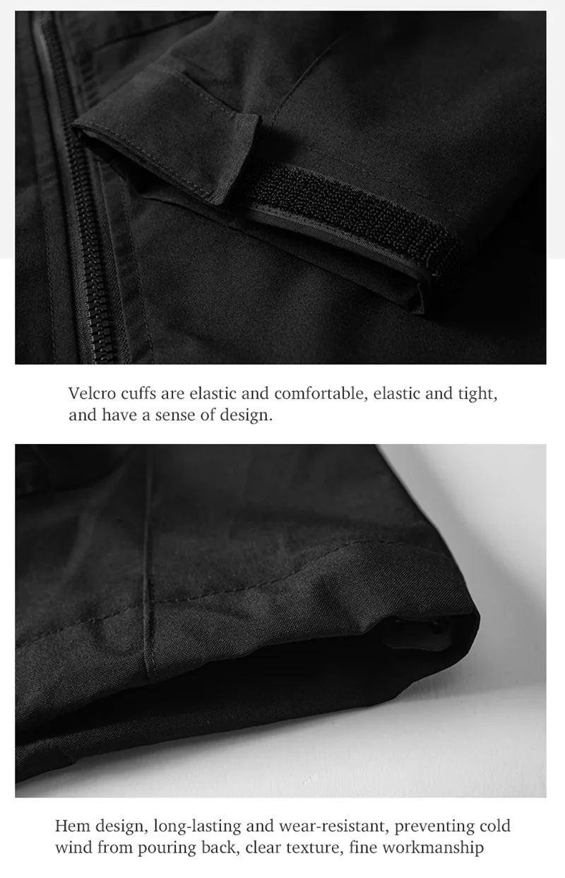 2 zooms veste noire : manchettes velcro élastiques + ourlet anti-courants d'air, finition coutures