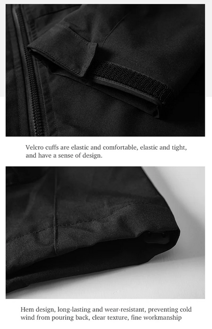 2 zooms veste noire : manchettes velcro élastiques + ourlet anti-courants d'air, finition coutures
