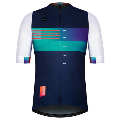 Maillot cyclisme homme coloris marine avec bandes teal et rouge, manches blanches