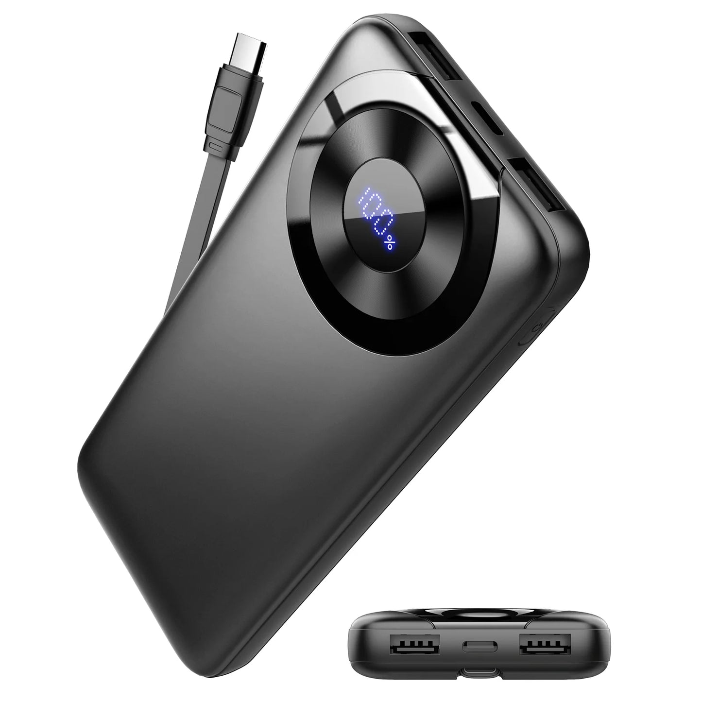 Batterie externe noire avec câble de charge intégré et écran numérique affichant le pourcentage de charge, deux ports USB visibles sur la tranche