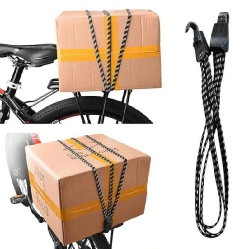 Cartons fixés avec le sandow sur porte-bagage de VTT noir — vue identique à l'image principale