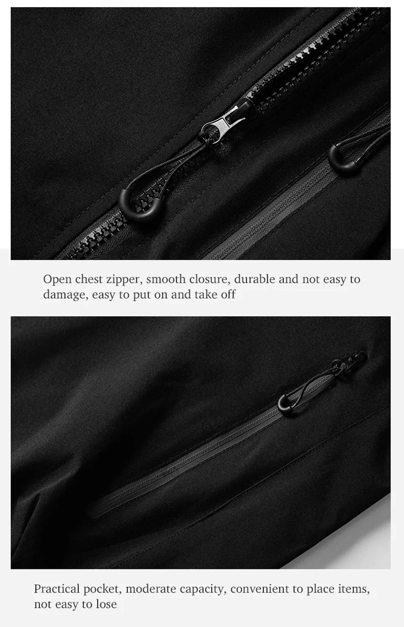 2 zooms veste noire : zip poitrine ouverture facile + poche latérale capacité pratique annotés