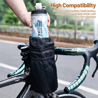 Gourde insérée dans la sacoche NEWBOLER — compatibilité démontrée jusqu'à 7 cm de diamètre (High Compatibility)