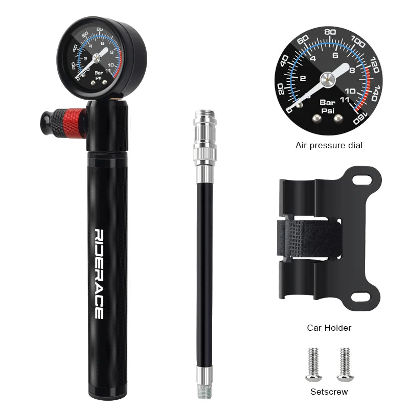 Contenu boîte RIDERACE — pompe aluminium noire, tuyau télescopique flexible, manomètre analogique, support cadre métal et vis de fixation