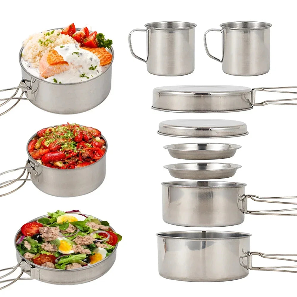 Les 8 pièces du kit avec repas servis : riz/saumon, crevettes, salade montrant la capacité des casseroles