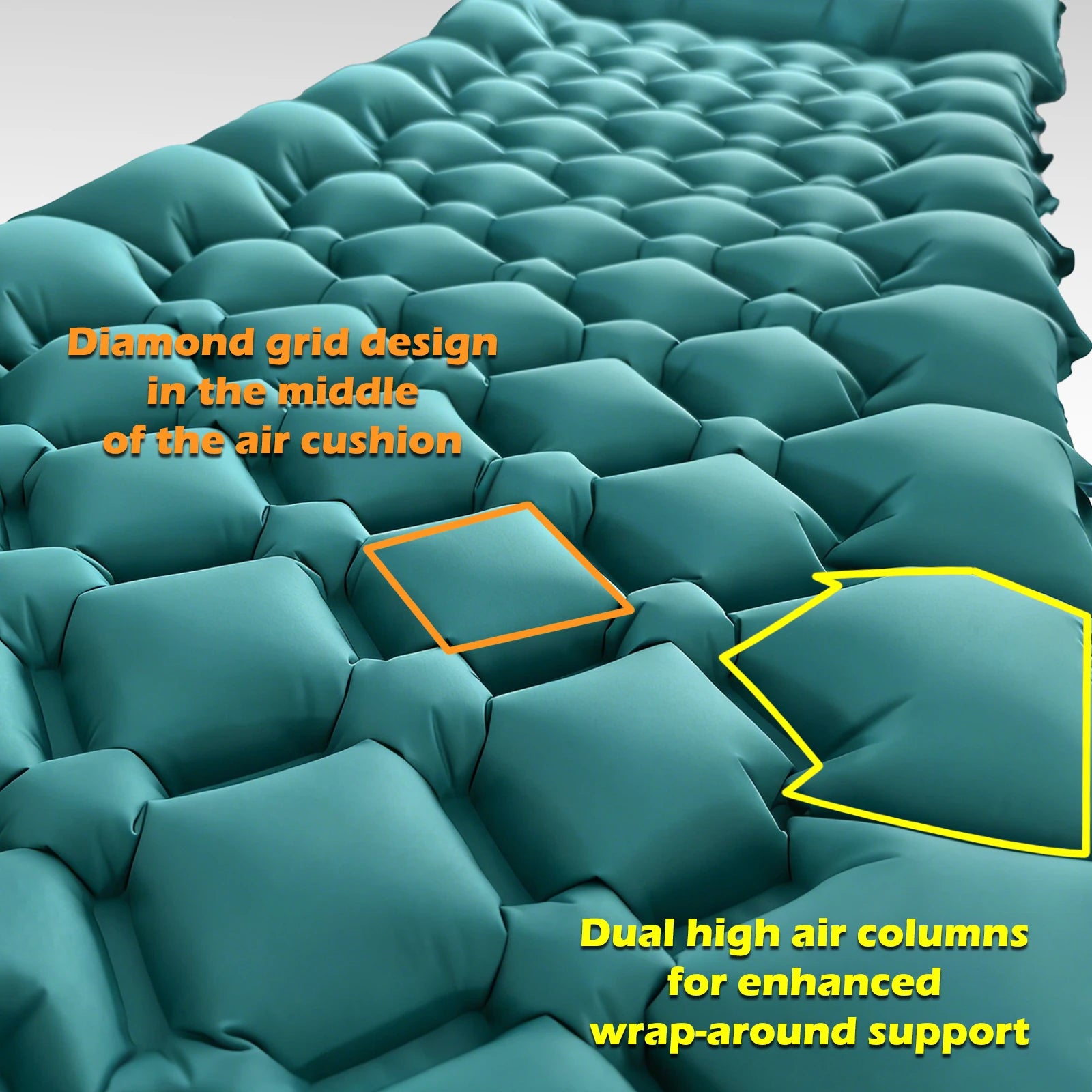 Gros plan surface : 'Diamond grid design in the middle' + 'Dual high air columns for enhanced wrap-around support'