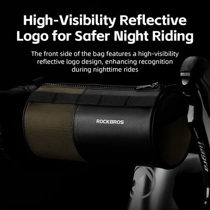 Logo réfléchissant ROCKBROS haute visibilité en face avant de la sacoche — High-Visibility Reflective Logo for Safer Night Riding