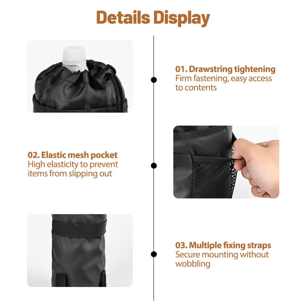 Détails de construction : cordon de serrage ajustable, poche filet élastique et sangles velcro multiples