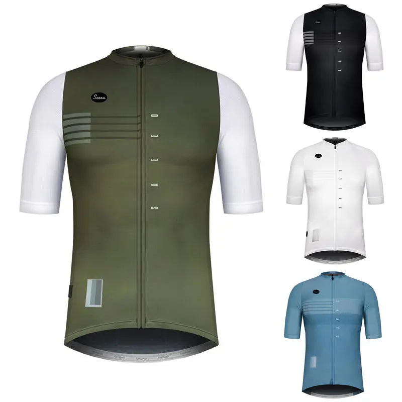 Vue d'ensemble 4 coloris : maillot cyclisme homme manches courtes, coloris olive/blanc, noir/blanc, blanc et bleu ciel