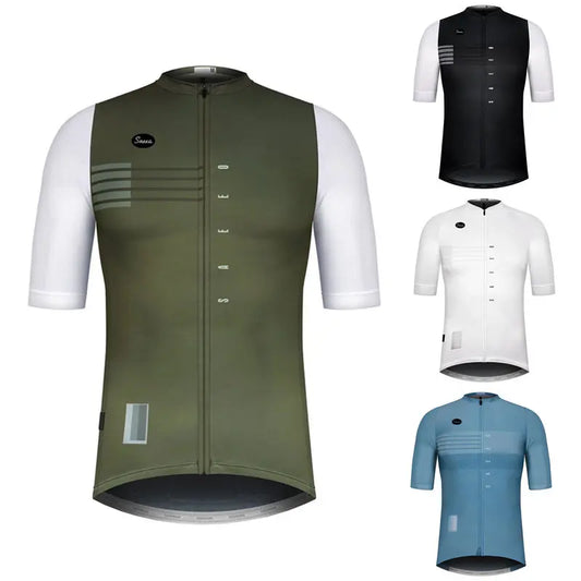 Vue d'ensemble 4 coloris : maillot cyclisme homme manches courtes, coloris olive/blanc, noir/blanc, blanc et bleu ciel