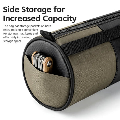 Poche d'extrémité semi-circulaire de la sacoche ROCKBROS ouverte avec outil multifonction — Side Storage for Increased Capacity