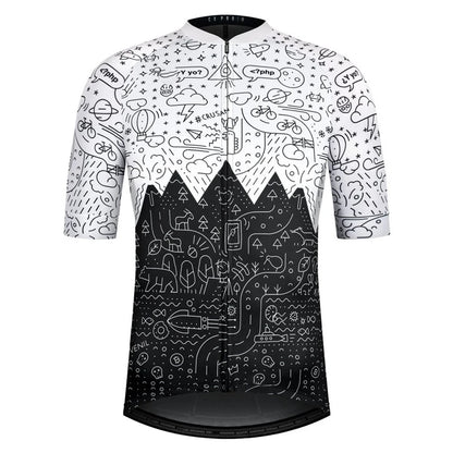 Maillot cyclisme homme coloris blanc avec motif illustré montagne noir, design graphique