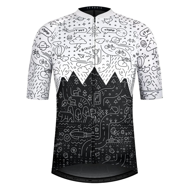 Maillot cyclisme homme coloris blanc avec motif illustré montagne noir, design graphique