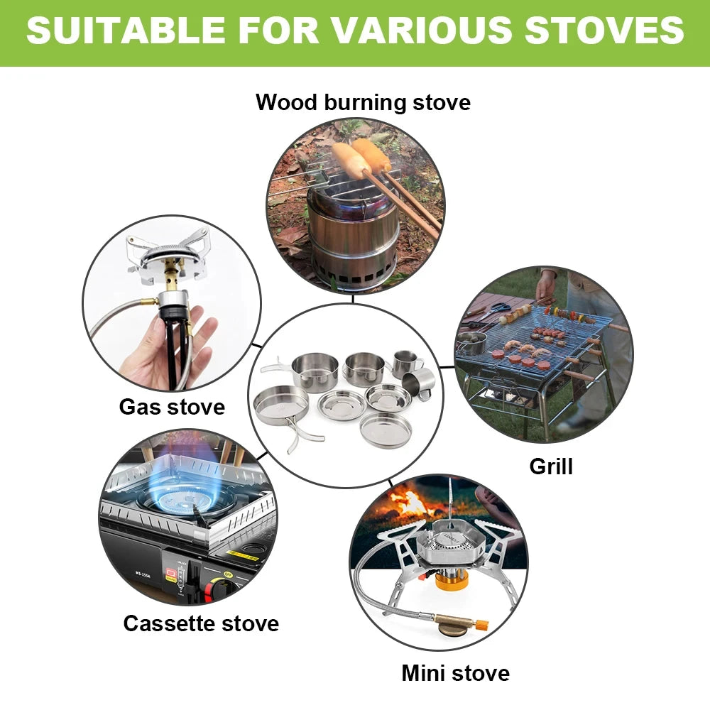 Infographie 'Suitable for various stoves' montrant la compatibilité avec réchaud bois, gaz, cassette, mini réchaud et grill
