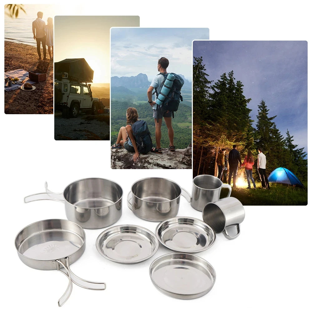 Kit inox complet posé au sol avec collage de 4 scènes outdoor (plage, camping car, randonnée, bivouac nuit)