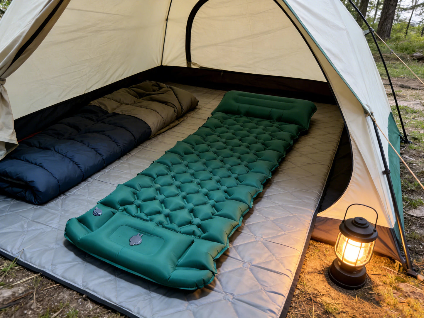 Matelas gonflé vert armée dans une tente de camping avec sac de couchage et lanterne, usage bivouac
