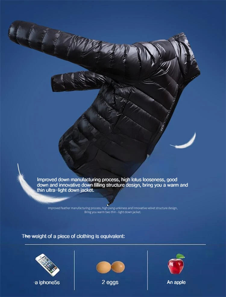 Doudoune noire soulevée par le vent avec des plumes en suspension, à côté d'une comparaison de poids (smartphone, deux œufs, une pomme)