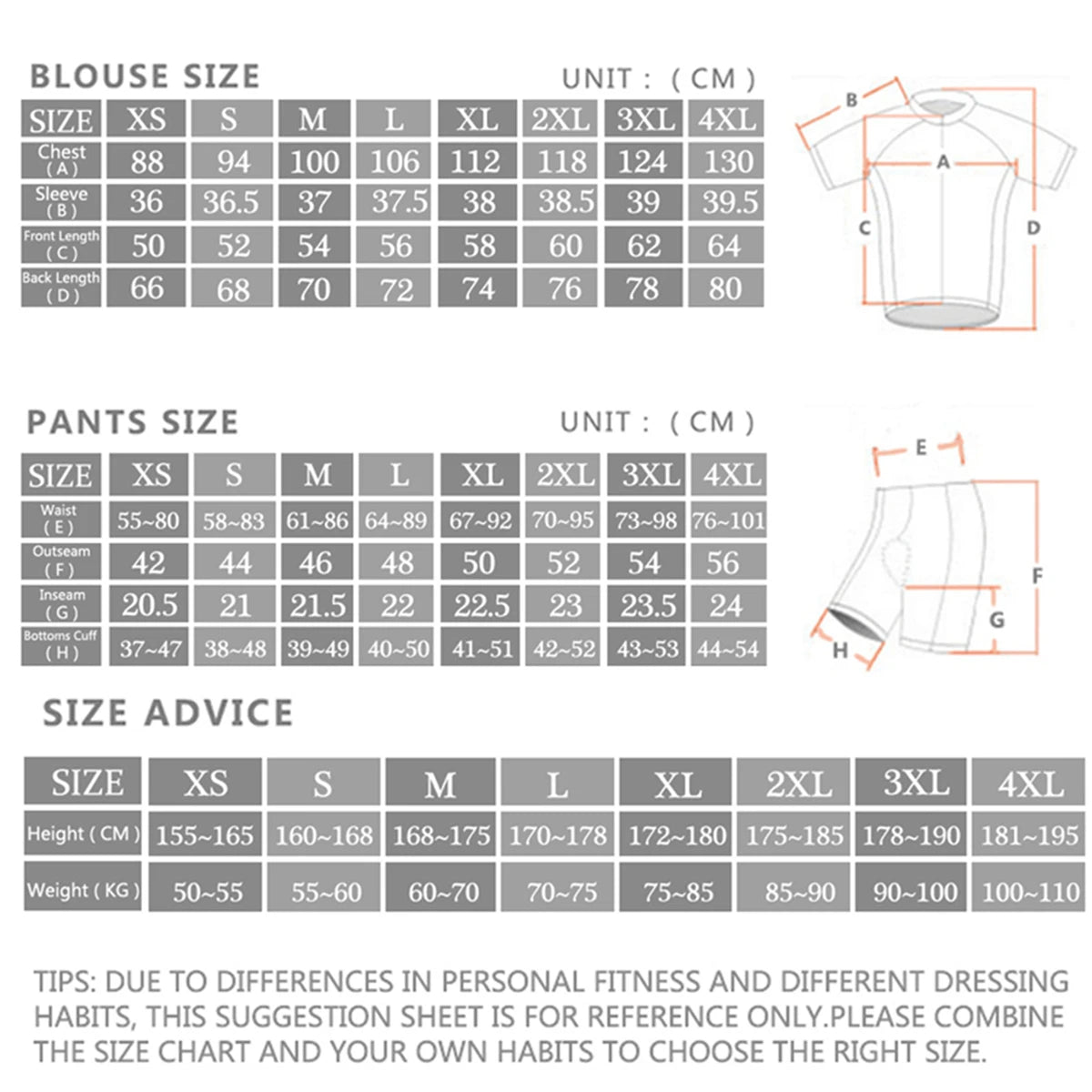 Guide des tailles RVOUEI cuissard et maillot XS–4XL — mesures en centimètres avec tableau de correspondance taille/poids