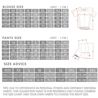 Guide des tailles RVOUEI cuissard et maillot XS–4XL — mesures en centimètres avec tableau de correspondance taille/poids