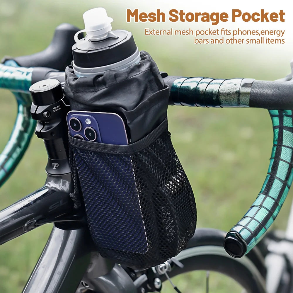 Poche filet frontale avec téléphone et gourde insérés — sacoche montée sur guidon de vélo de route