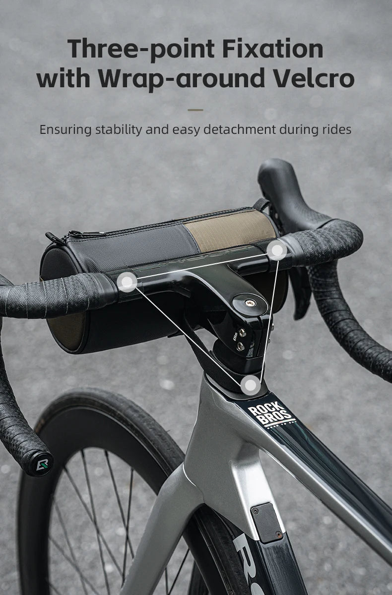Three-point Fixation with Wrap-around Velcro — sacoche ROCKBROS fixée sur guidon de vélo de route, 3 points d'attache velcro pour stabilité et retrait facile en roulage