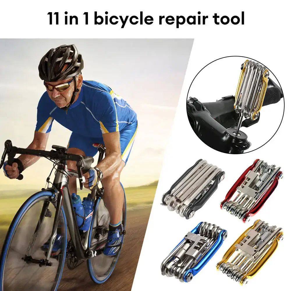 Cycliste en action avec les 4 coloris du multitool et détail posé sur la selle — outil de réparation vélo