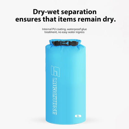 Sac étanche bleu 5L — mise en avant de la séparation sec/humide et du traitement PU imperméable