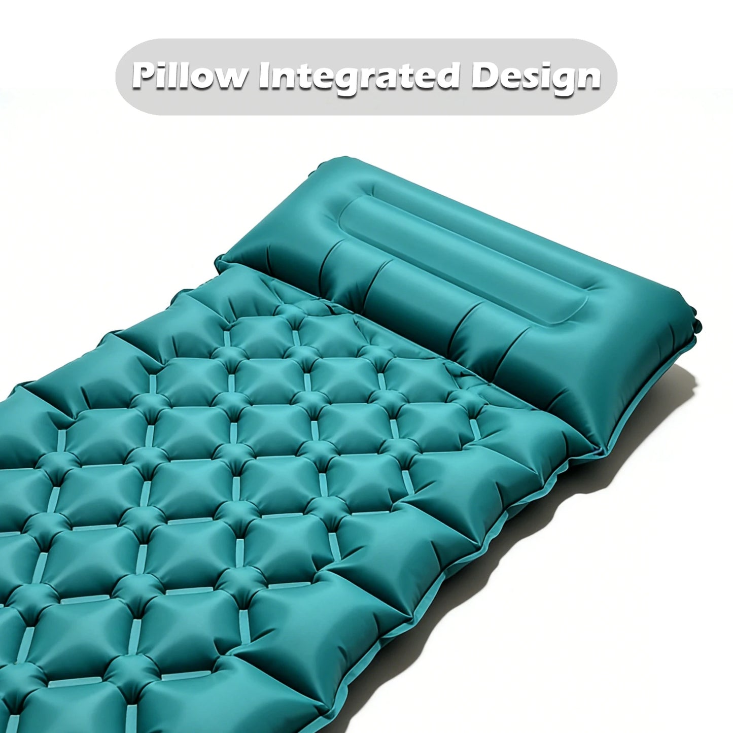 'Pillow Integrated Design' — matelas bleu paon gonflé vue 3/4, oreiller intégré à la tête bien visible
