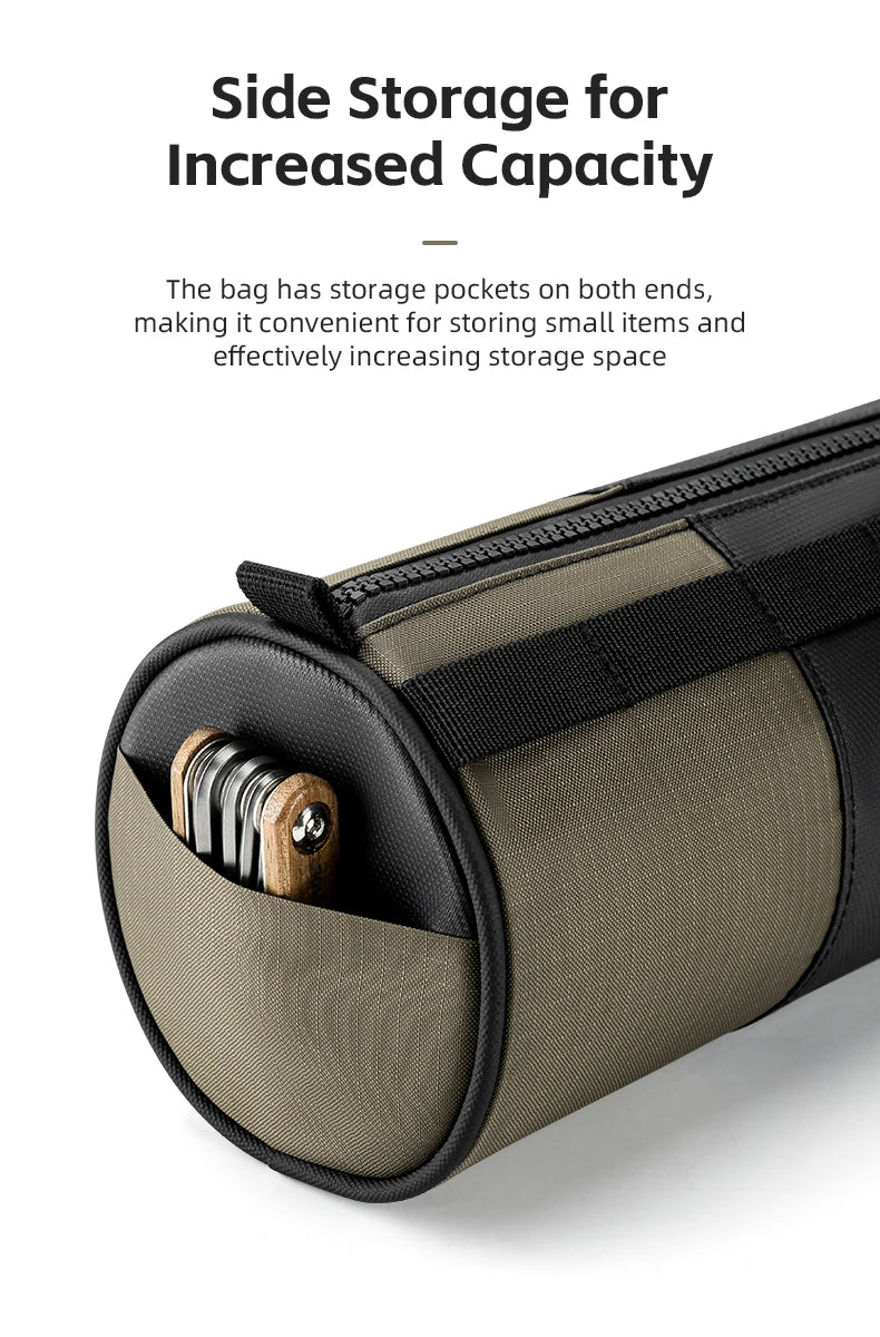 Side Storage for Increased Capacity — poche d'extrémité semi-circulaire de la sacoche ROCKBROS kaki avec outil multifonction, zoom sur les poches latérales d'extrémité