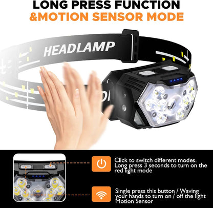 Lampe frontale 9 LED 2000 lumens USB-C — Capteur de mouvement, lumière rouge, IPX5