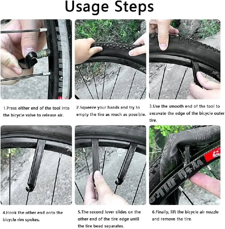 'Usage Steps' — 6 étapes illustrées : dégonflage, pincement du flanc, levier sous le flanc, crochet sur rayon, glissage, retrait du pneu
