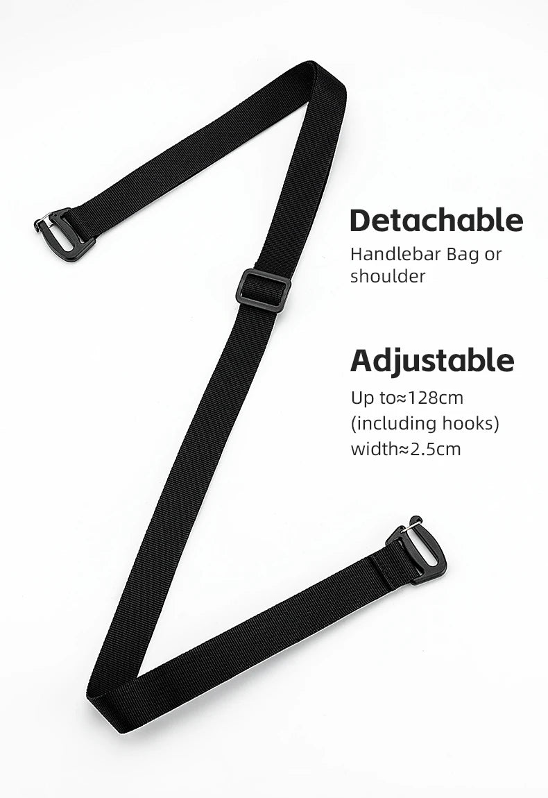 Sangle bandoulière détachable ROCKBROS — réglable jusqu'à ~128cm, largeur ~2,5cm, crochets inclus, convertit la sacoche de guidon en sac à l'épaule
