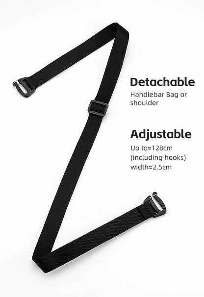 Sangle bandoulière détachable ROCKBROS — réglable jusqu'à ~128cm, largeur ~2,5cm, crochets inclus, convertit la sacoche de guidon en sac à l'épaule