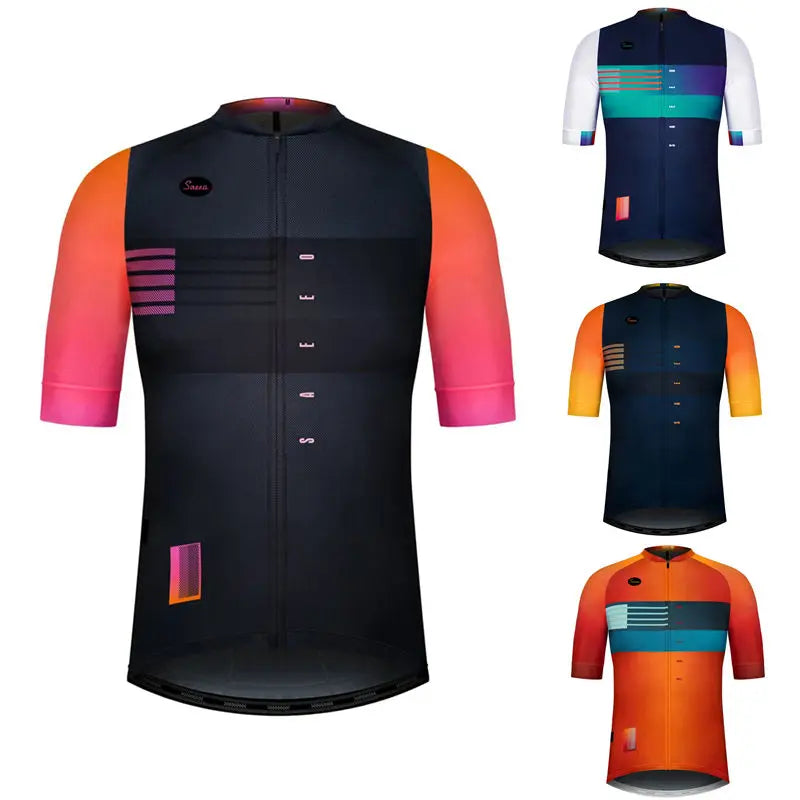 Vue d'ensemble 4 coloris : maillot cyclisme homme noir/dégradé orange-rose, marine/teal, marine/orange-jaune et orange-rouge/teal