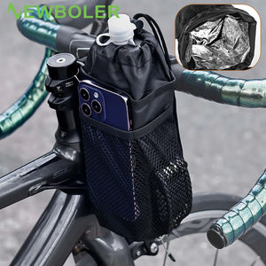 Sacoche de guidon NEWBOLER montée sur cintre avec gourde et téléphone en poche filet — vue d'ensemble et zoom intérieur film aluminium