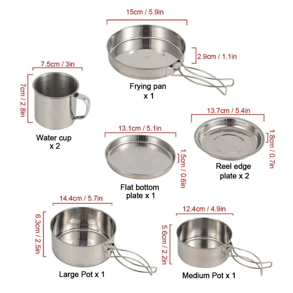 Schéma coté de toutes les pièces avec dimensions : poêle 15×2,9cm, grandes casseroles 14,4×6,3cm et 12,4×5,6cm, tasses 7,5×7cm